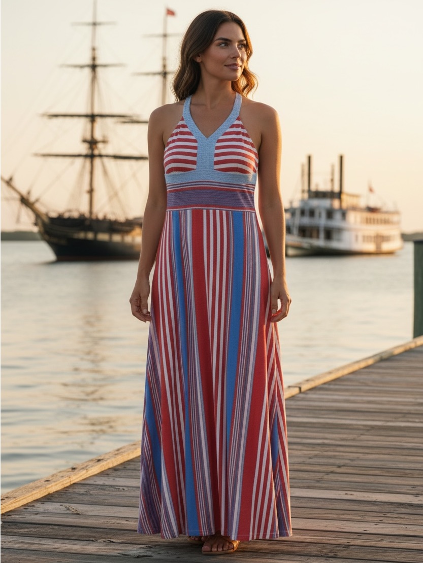 Striped Sleeveless Maxi Dress In Red, Blue And White